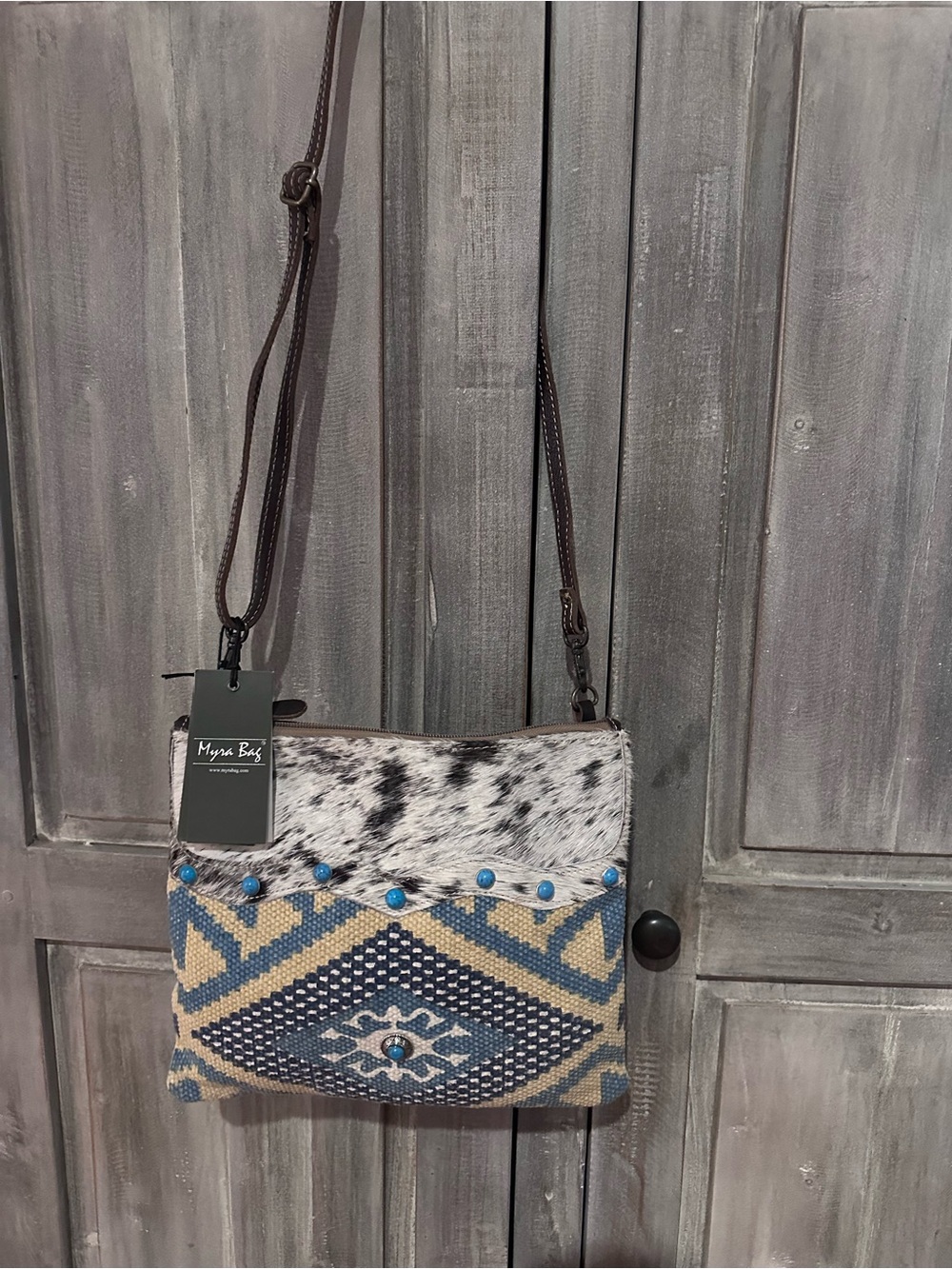Myra Bag Blue, Cream & White Southwestern Crossbody with Haircalf Accent